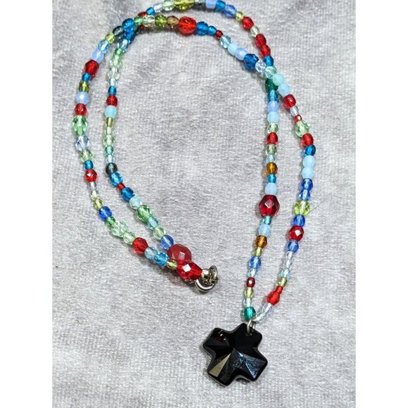 Handmade Rainbow Glass Beaded Cross Necklace - Picture 4 of 5